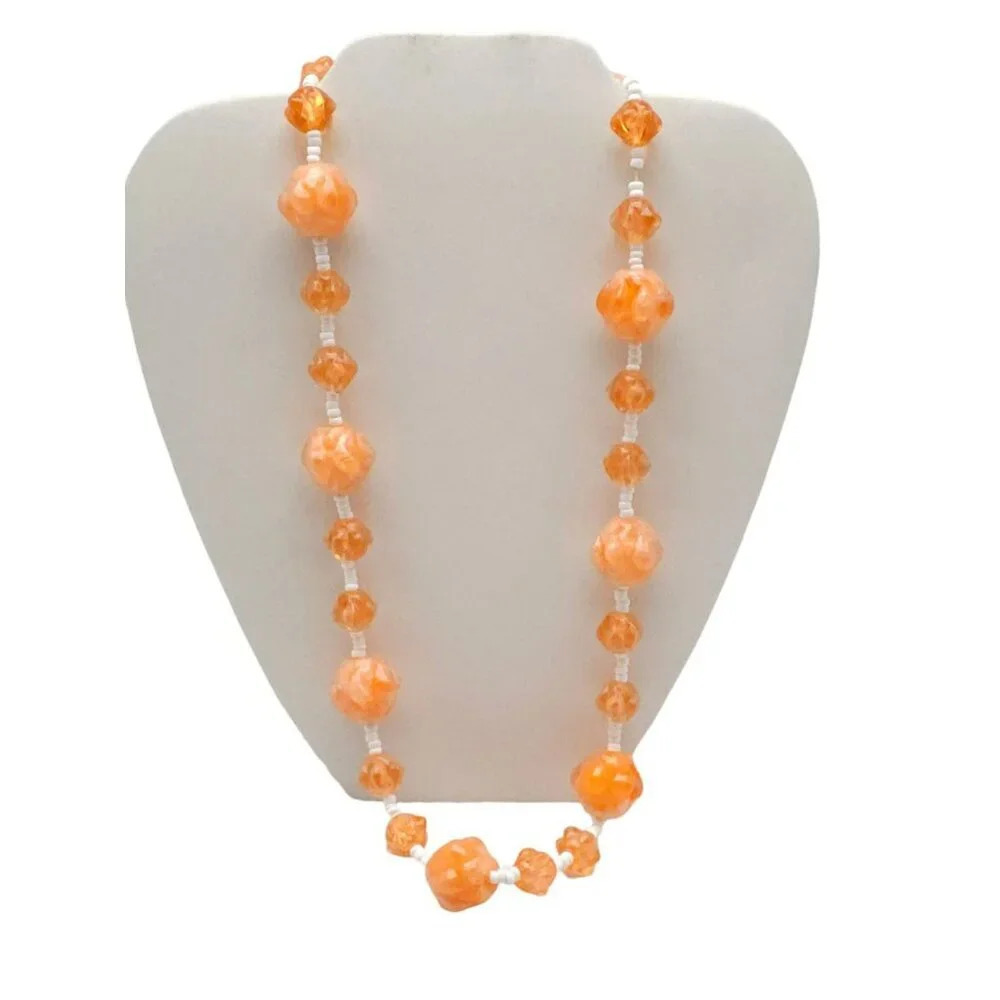 West Germany Orange Acrylic White Seed Beaded Statement Necklace Vintage